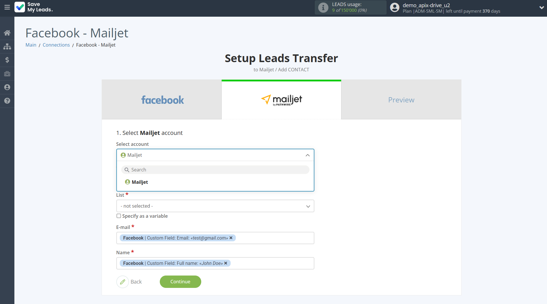 How to Connect Facebook with Mailjet | Data Destination account selection