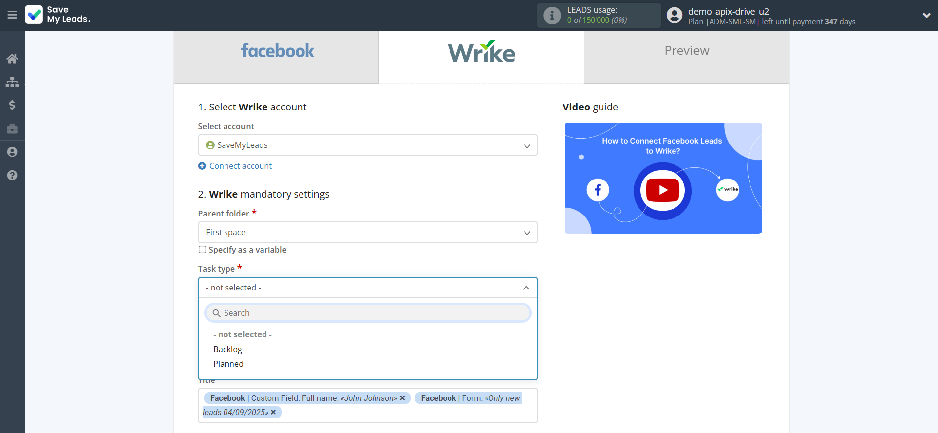 How to Connect Facebook with Wrike | Assigning fields