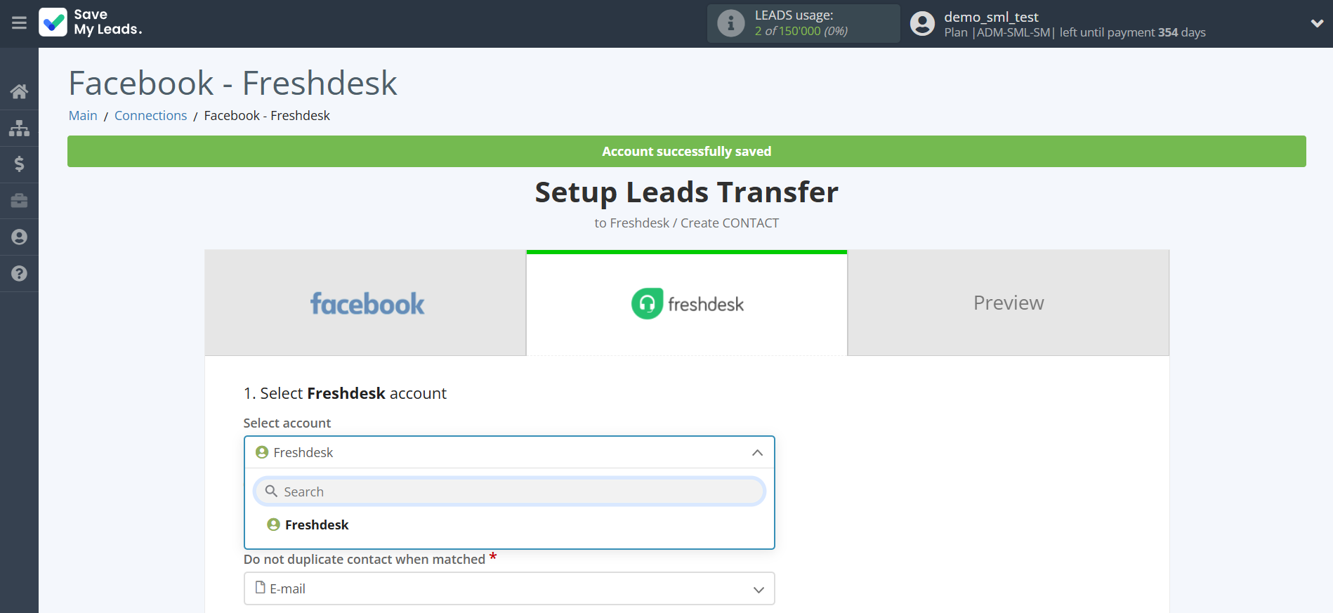 How to Connect Facebook with Freshdesk Create Contacts | Data Destination account selection