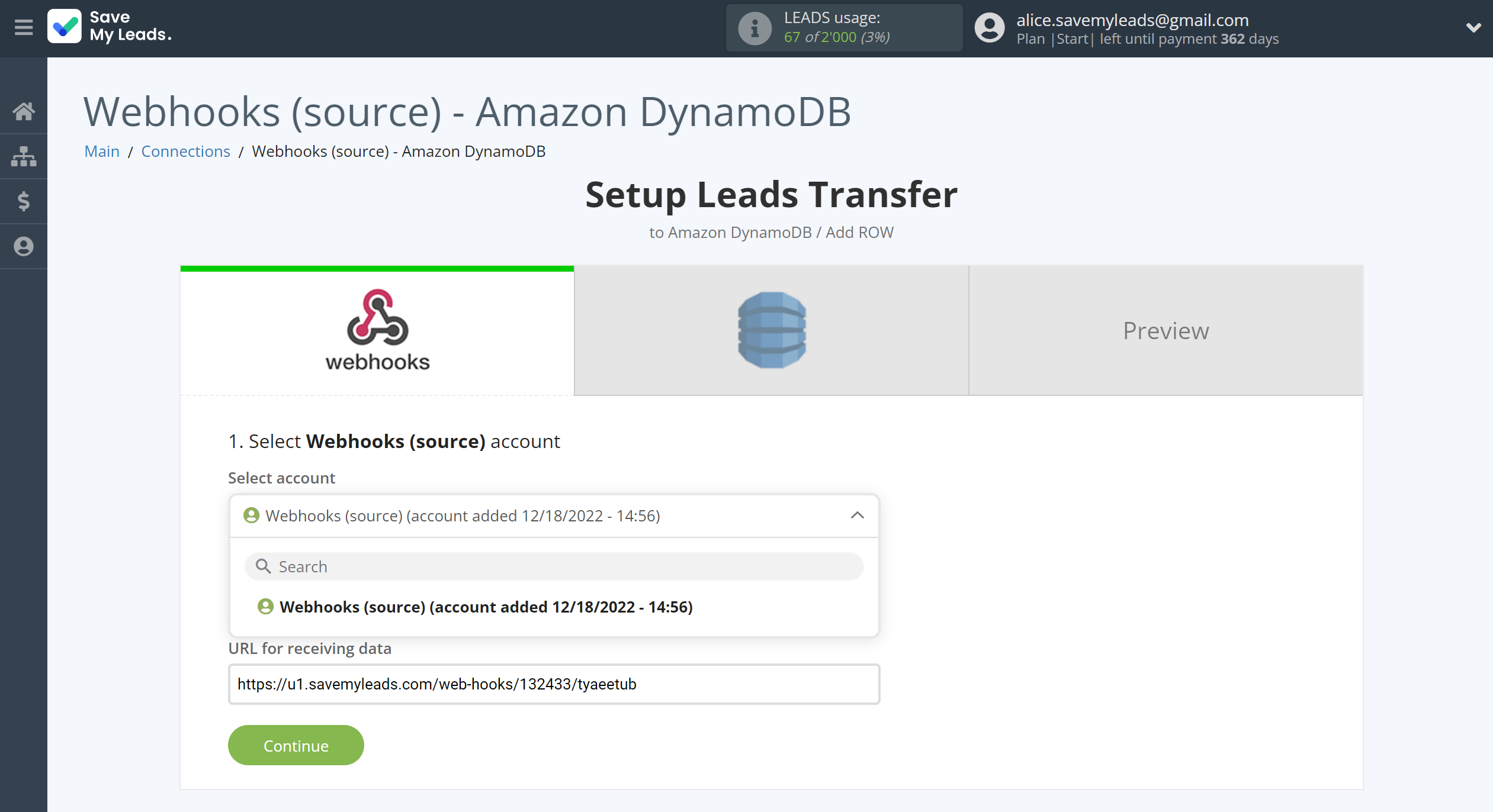 How to Connect Webhooks with Amazon DynamoDB | Data Source account selection How to Connect Webhooks with Amazon DynamoDB | Data Source account selection