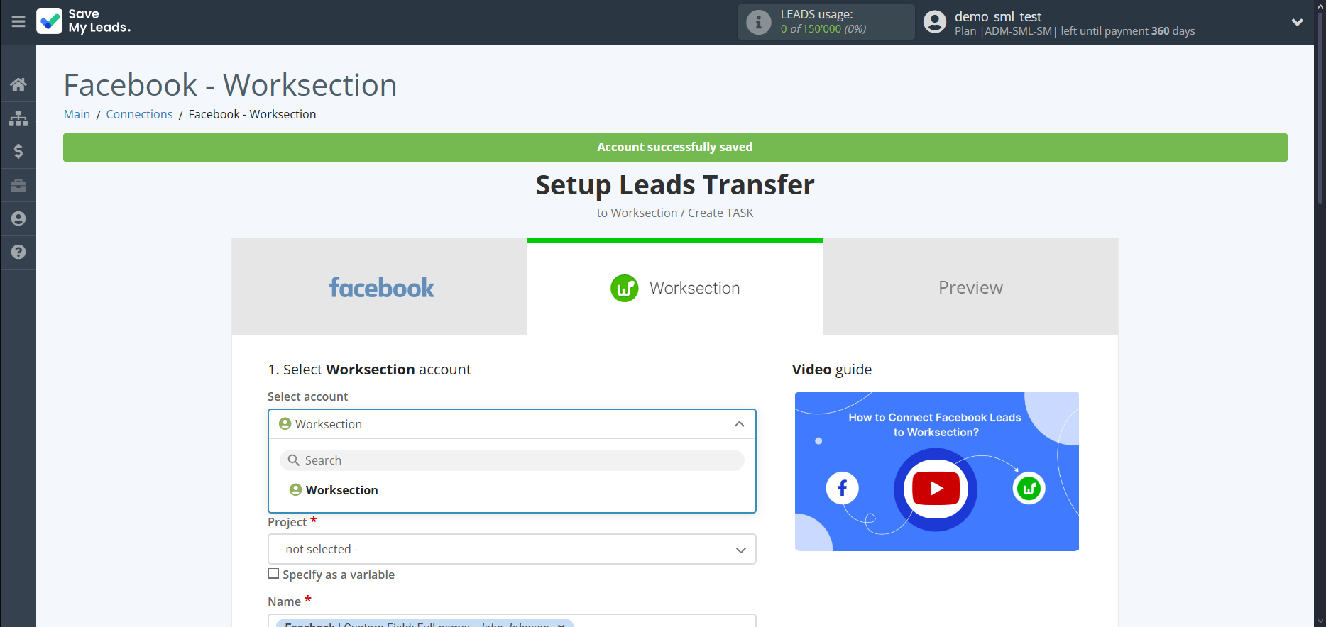 How to Connect Facebook with Worksection | Data Destination account selection How to Connect Facebook with Worksection | Data Destination account selection