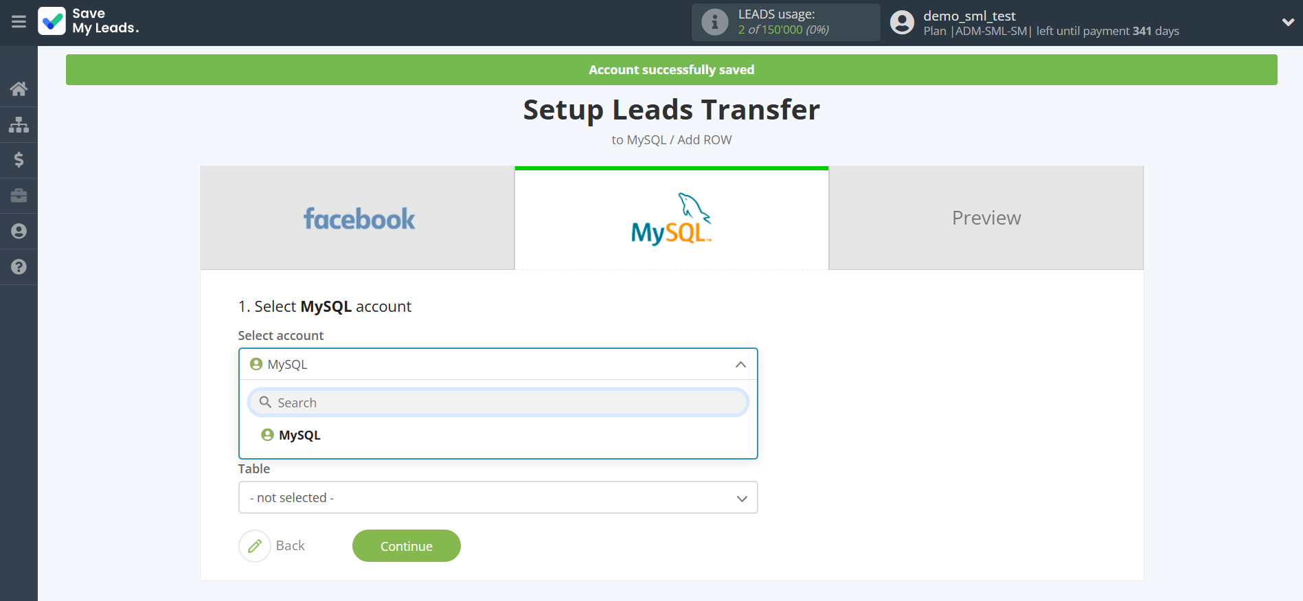 How to Connect Facebook with MySQL | Data Destination account selection