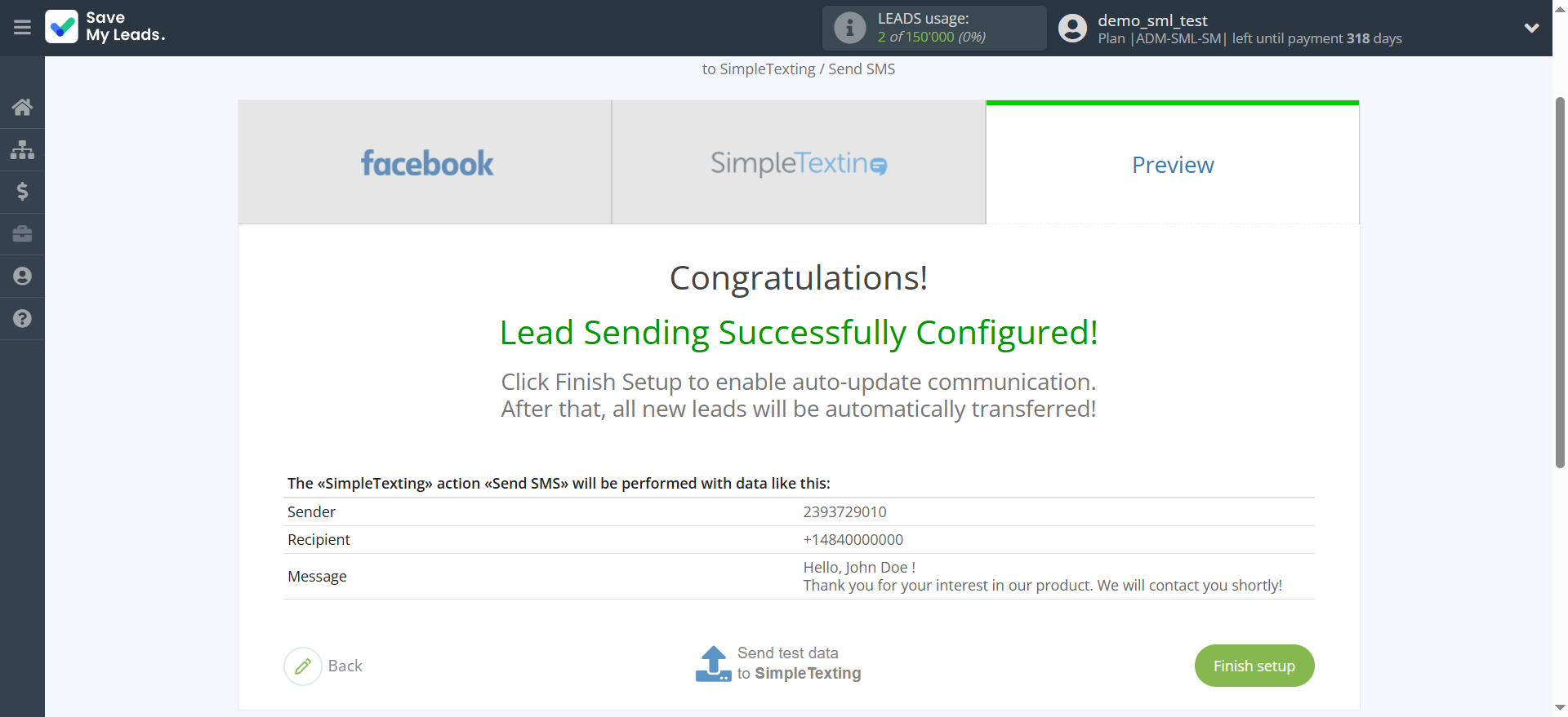 How to Connect Facebook with SimpleTexting | Test data