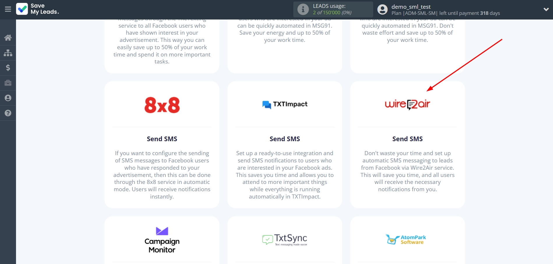 How to Connect Facebook with Wire2Air | Data Destination system selection
