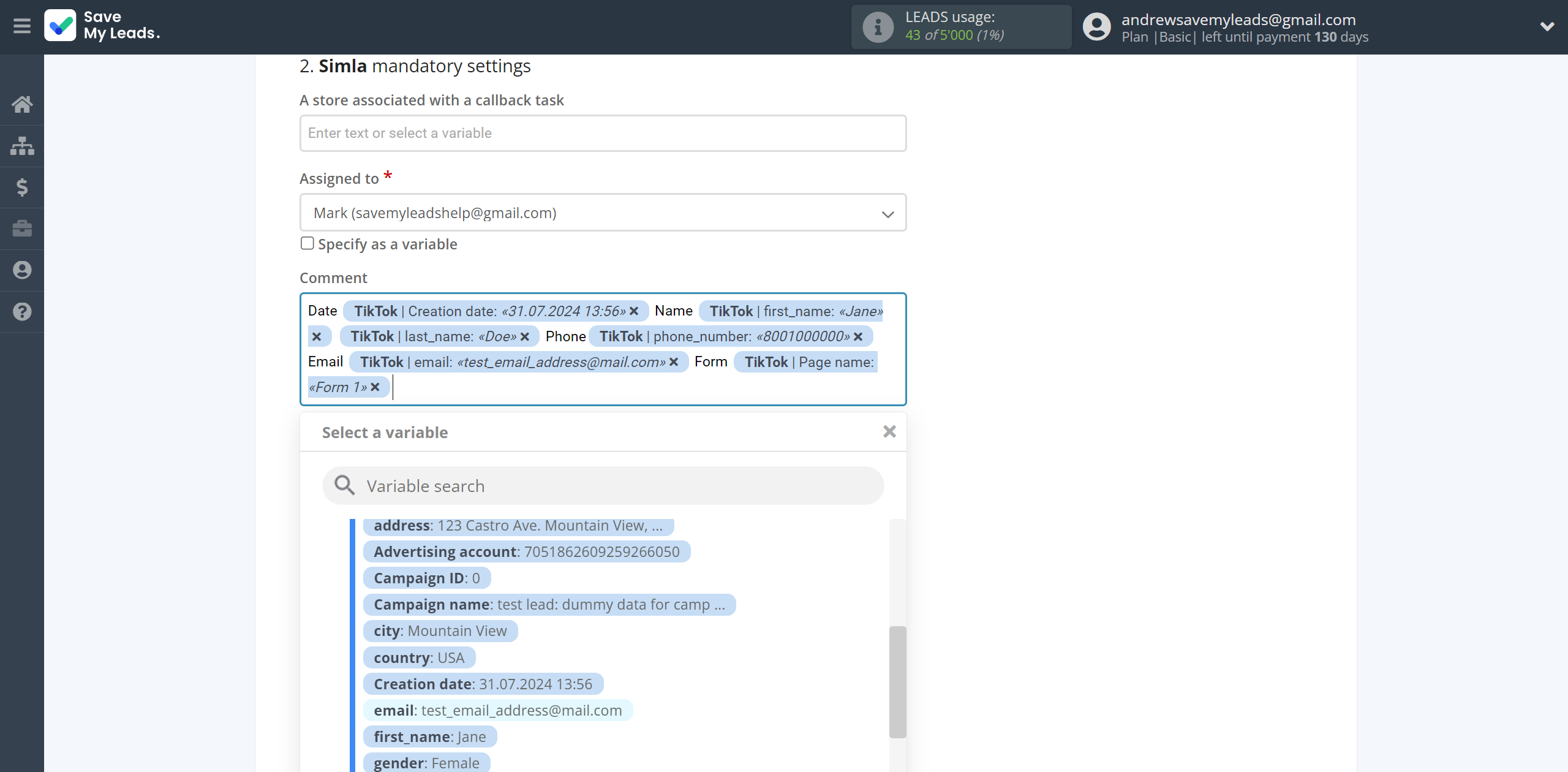 How to Connect TikTok with Simla Create Task | Assigning fields How to Connect TikTok with Simla Create Task | Assigning fields