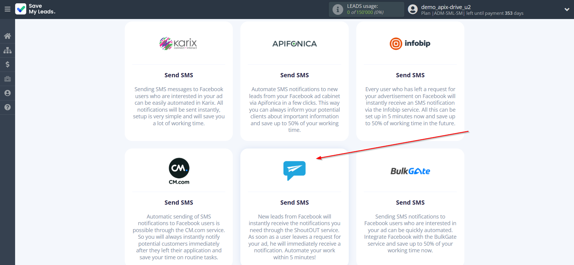 How to Connect Facebook with ShoutOUT | Data Destination system selection
