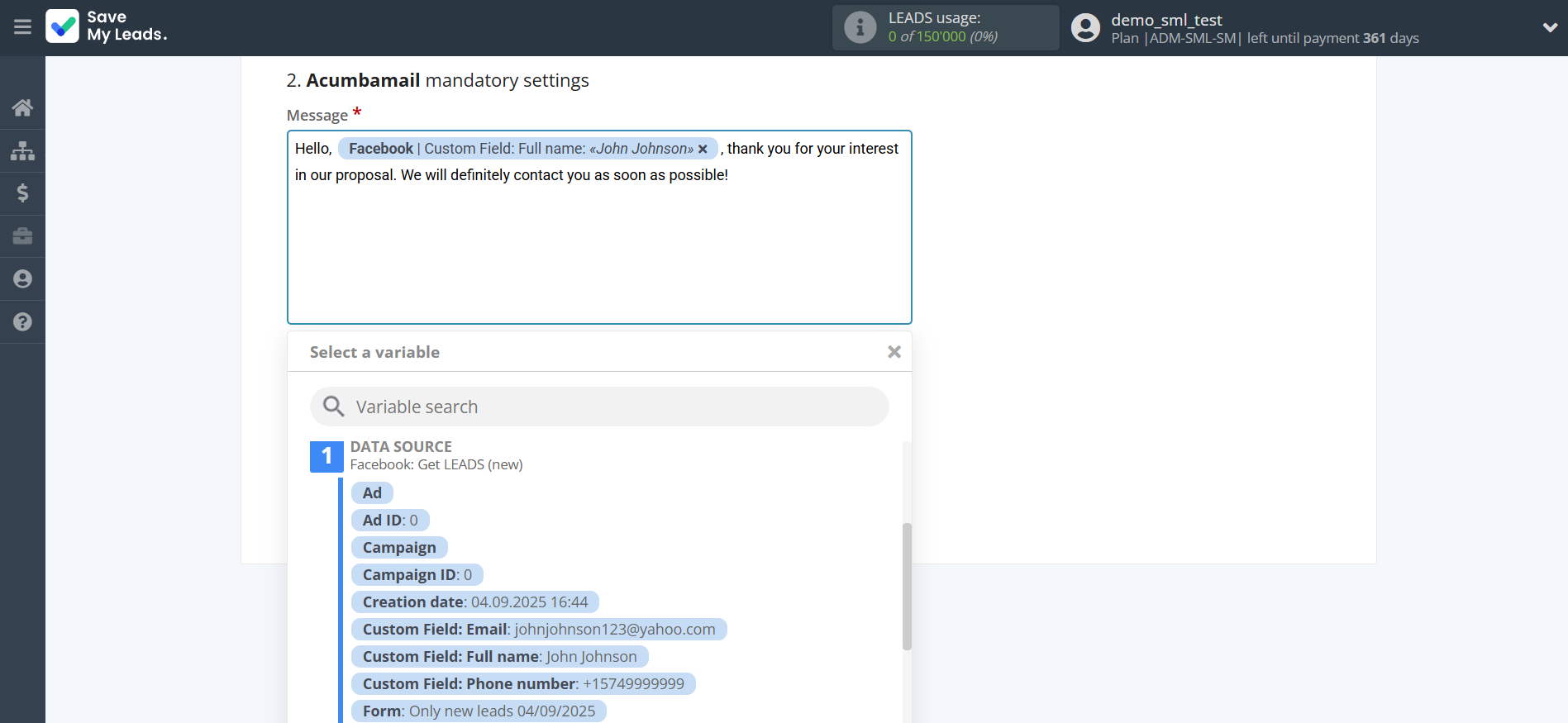 How to Connect Facebook with Acumbamail Send SMS | Assigning fields How to Connect Facebook with Acumbamail Send SMS | Assigning fields