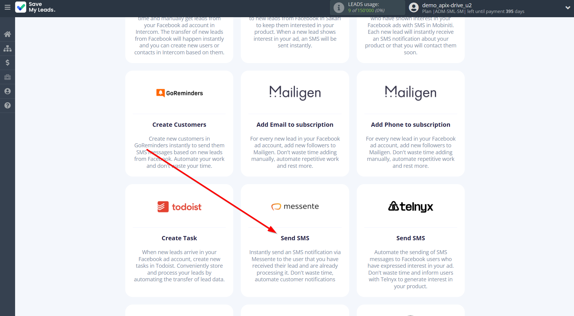 How to Connect Facebook with Messente | Data Destination system selection