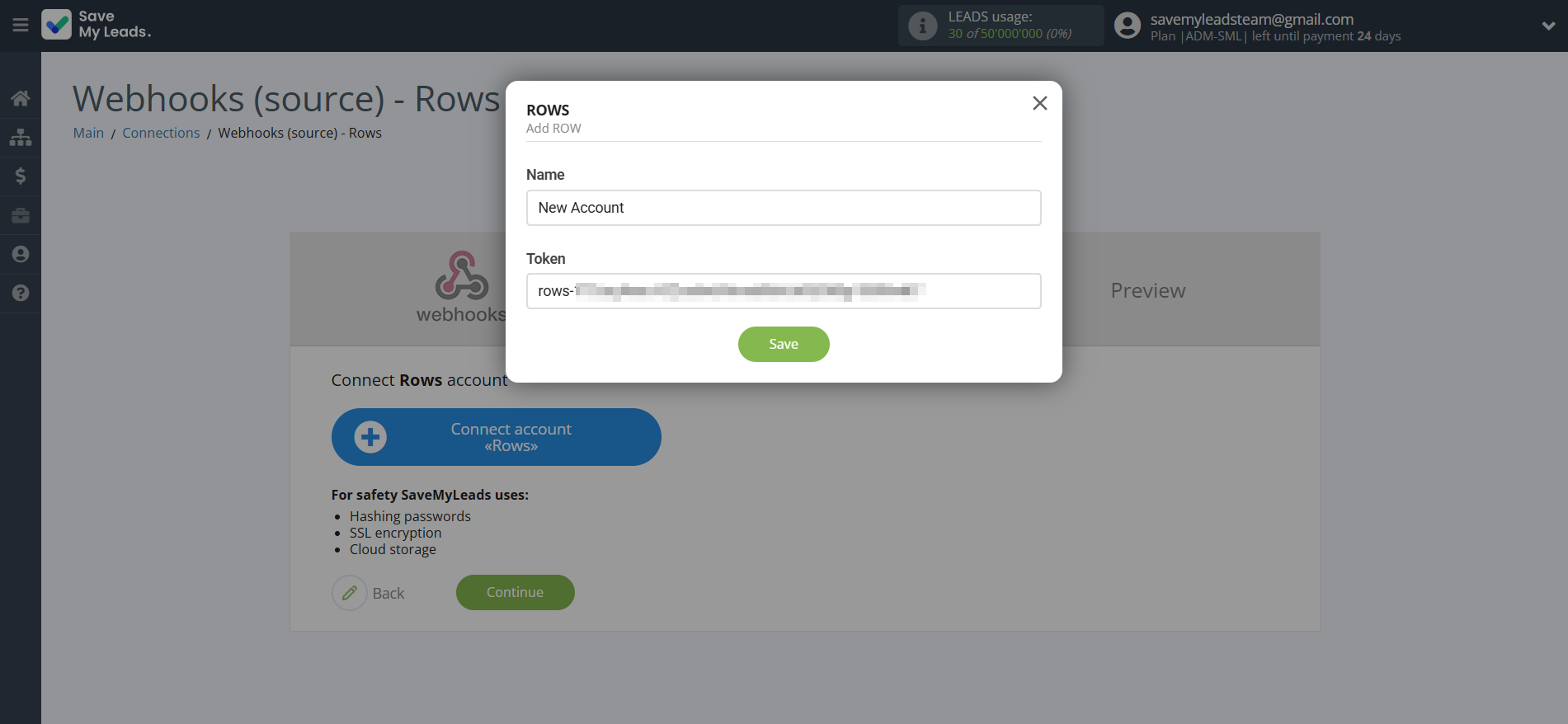 How to Connect Webhooks with Rows Add Row | Data Destination account connection