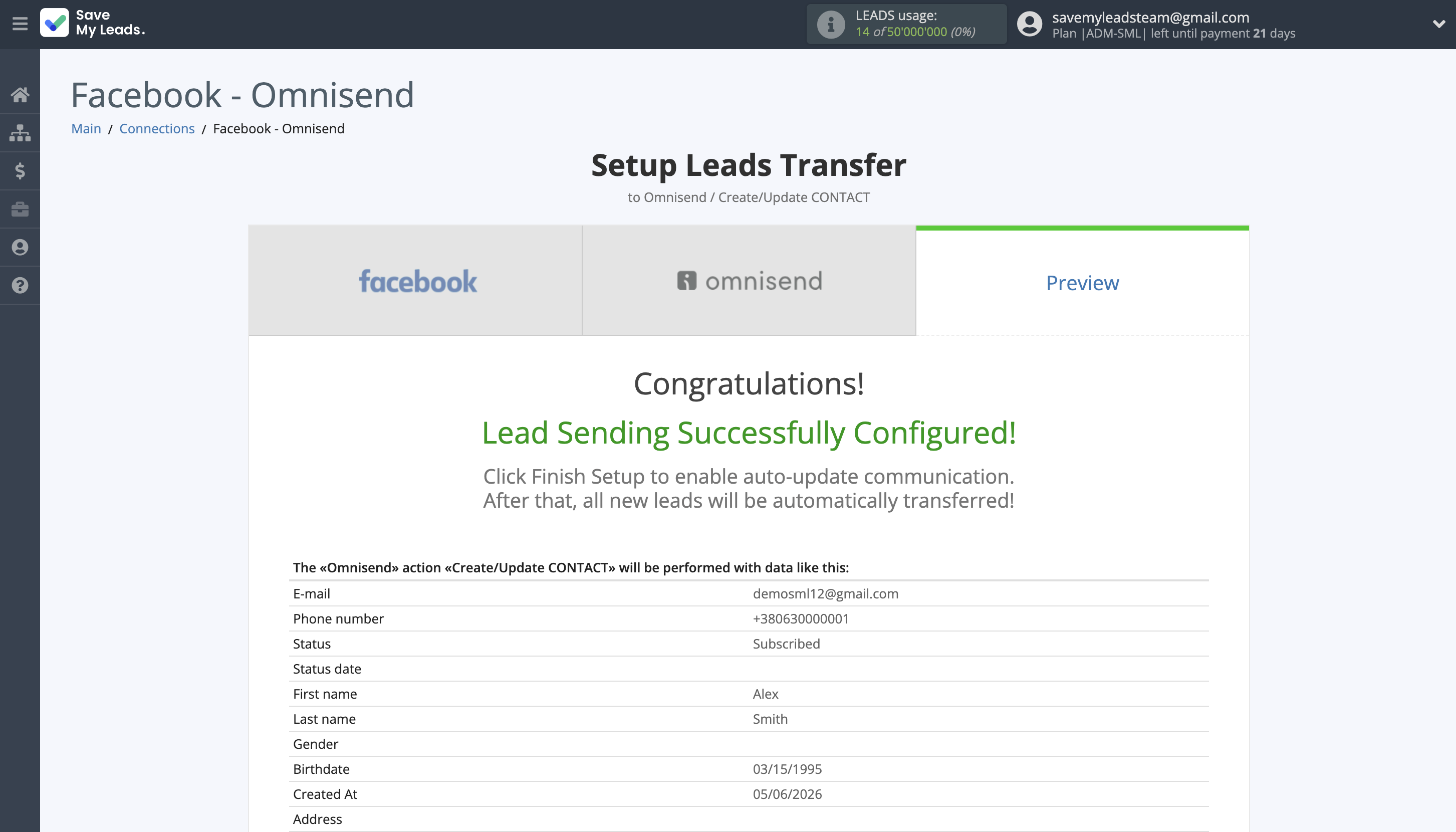 How to Connect Facebook with Omnisend Create Contact | Test data