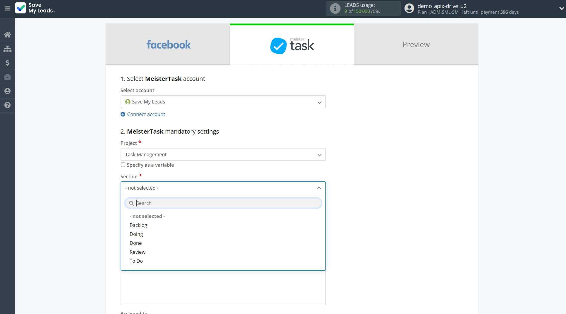 How to Connect Facebook with MeisterTask | Assigning fields