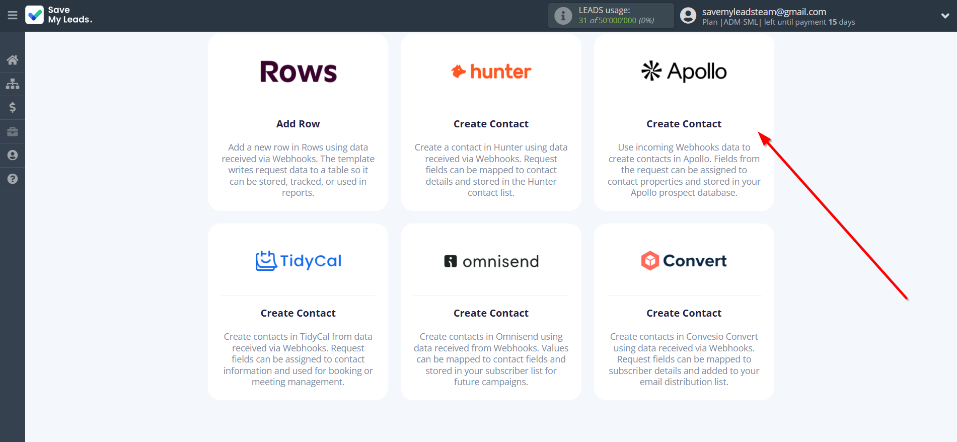 How to Connect Webhooks with Apollo.io Create Contacts | Data Destination system selection