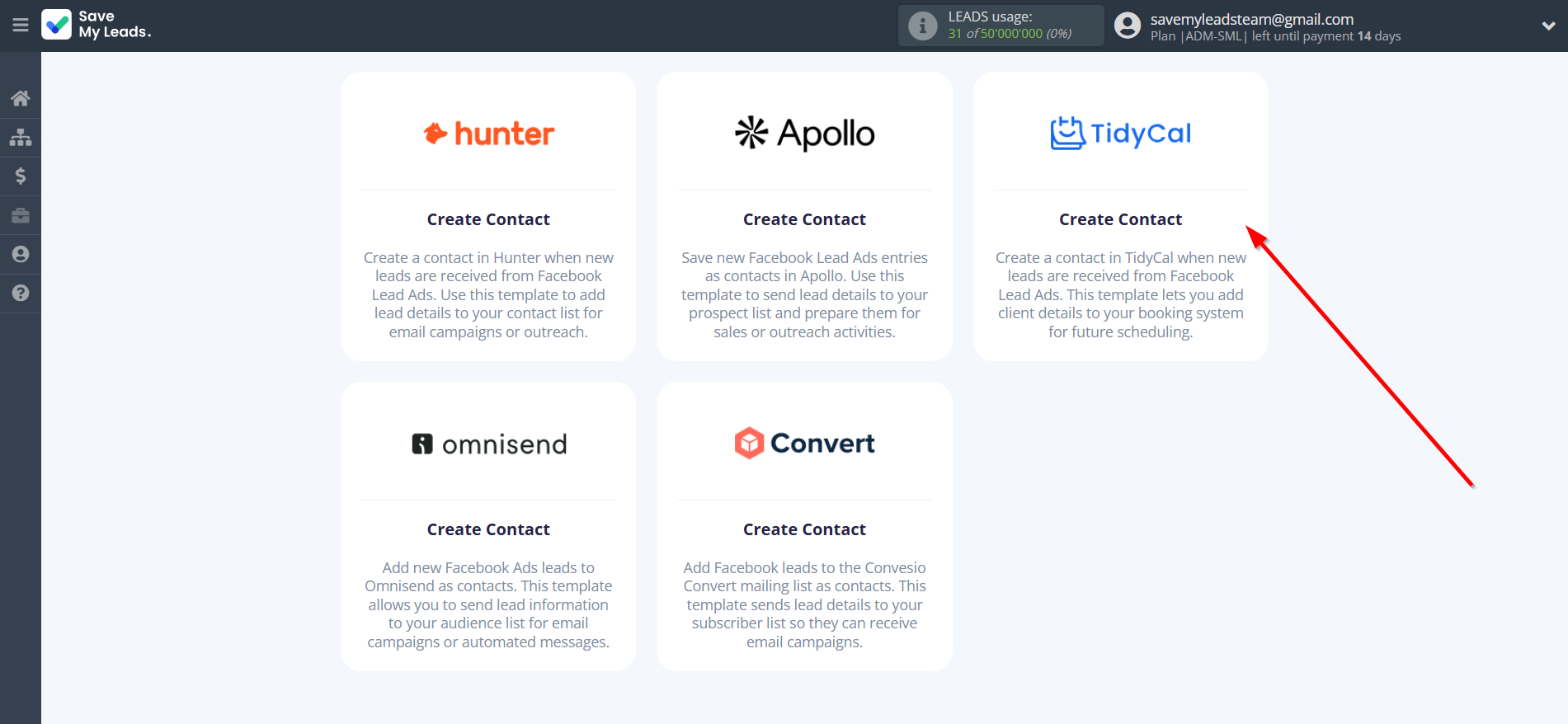 How to Connect Facebook with TidyCal Create Contacts | Data Destination system selection