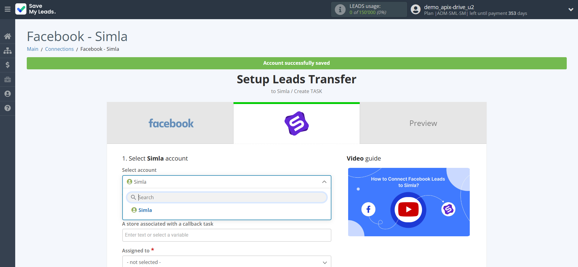 How to Connect Facebook with Simla Create Task | Data Destination account selection How to Connect Facebook with Simla Create Task | Data Destination account selection