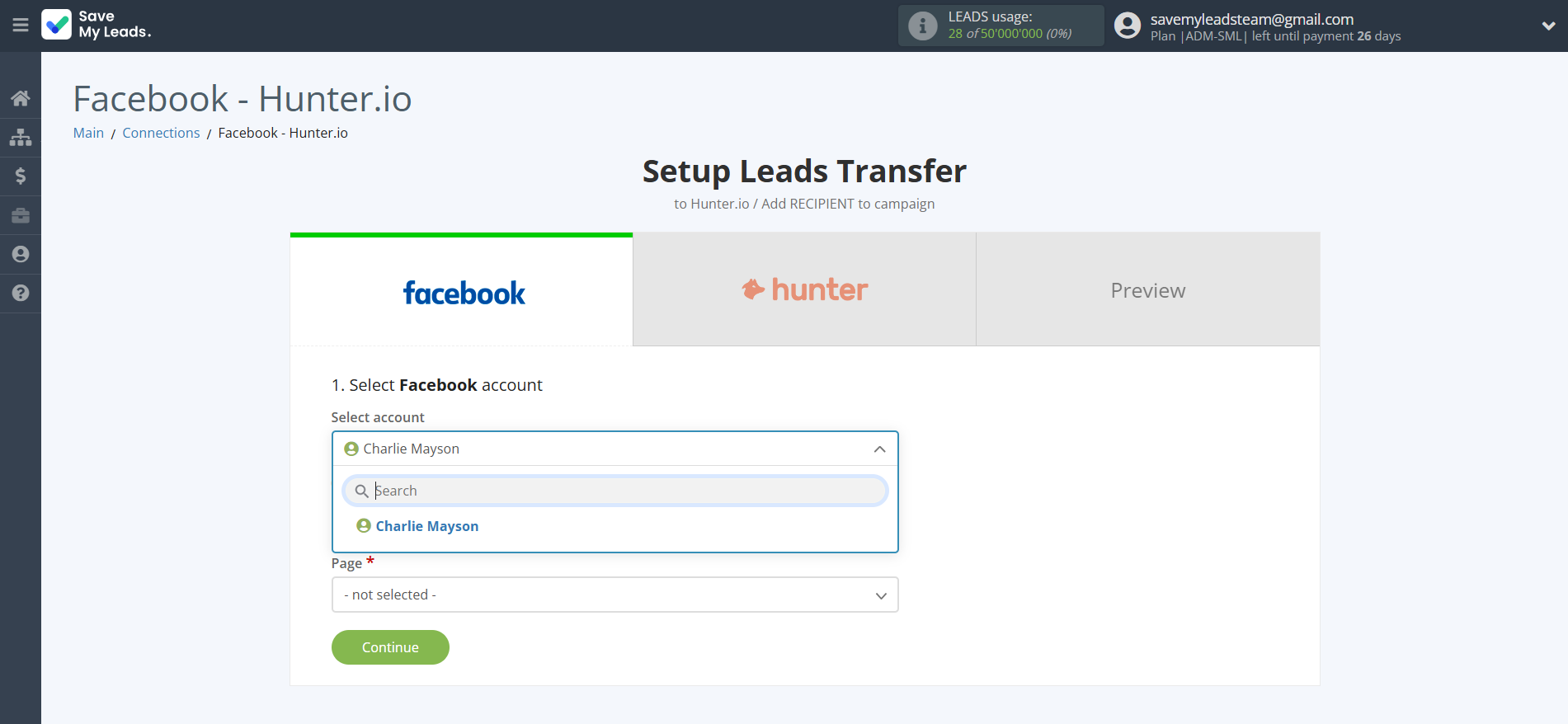 How to Connect Facebook with Hunter.io | Data Source account selection