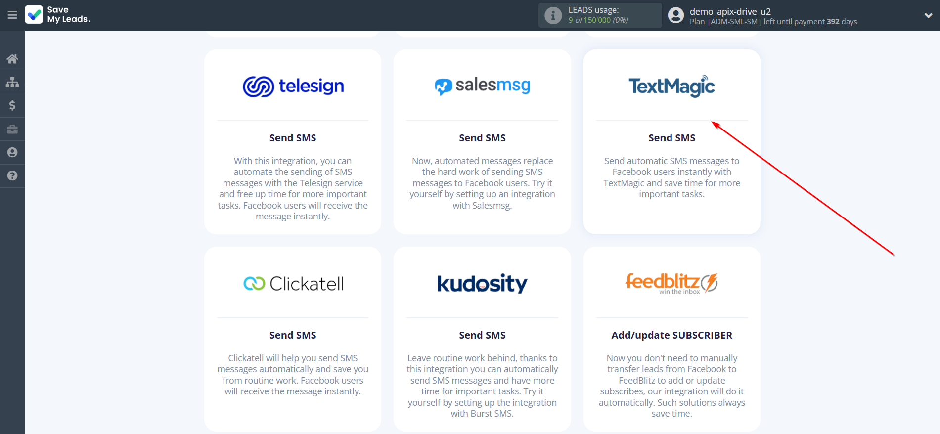 How to Connect Facebook with TextMagic | Data Destination system selection