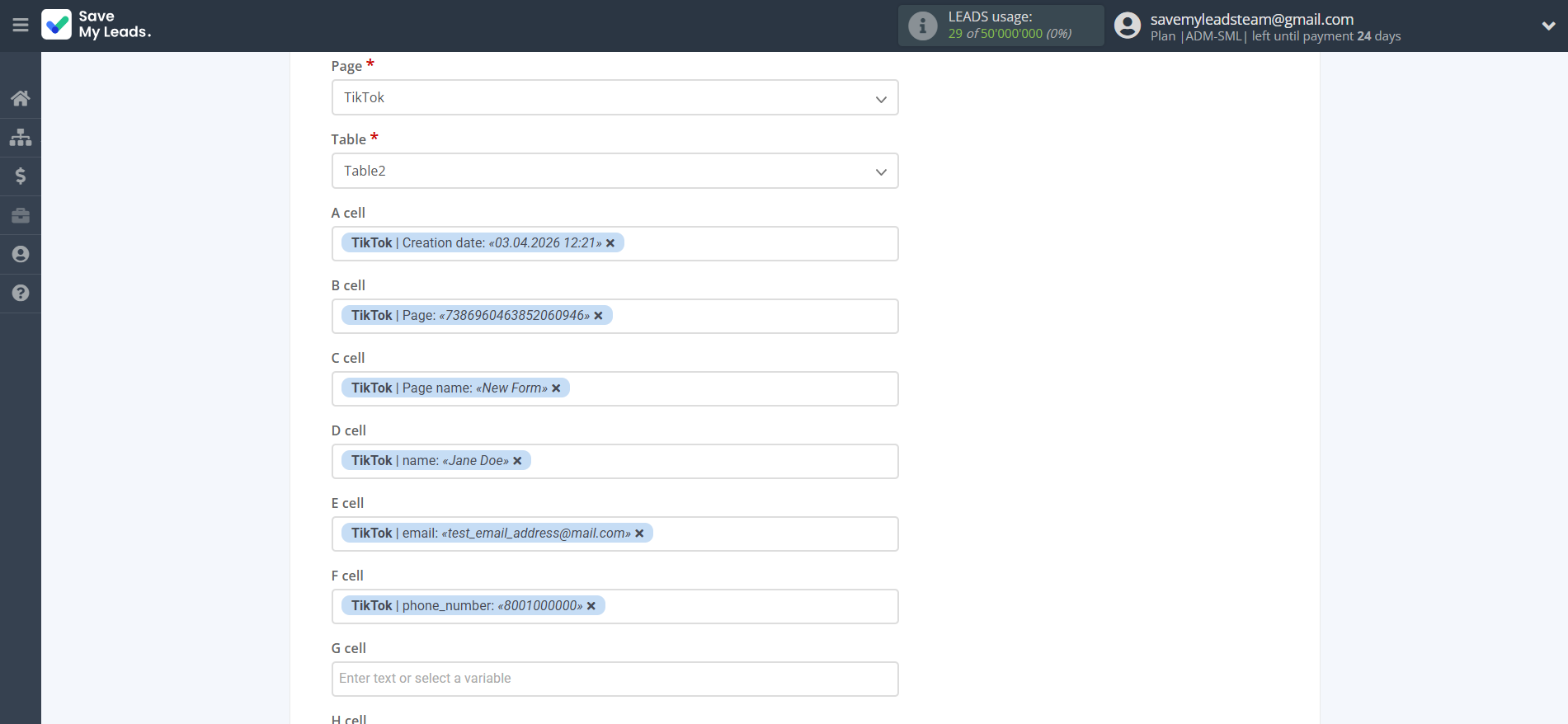 How to Connect TikTok with Rows Add Row | Assigning fields