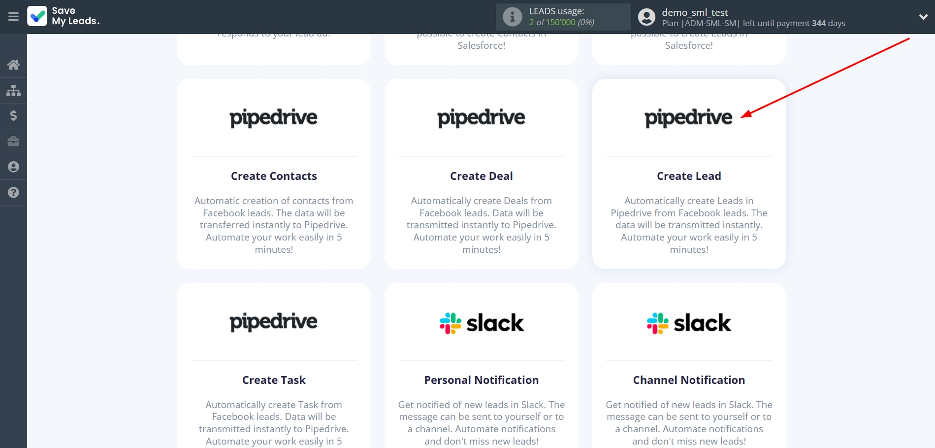 How to Connect Facebook with Pipedrive Create Lead | Data Destination system selection