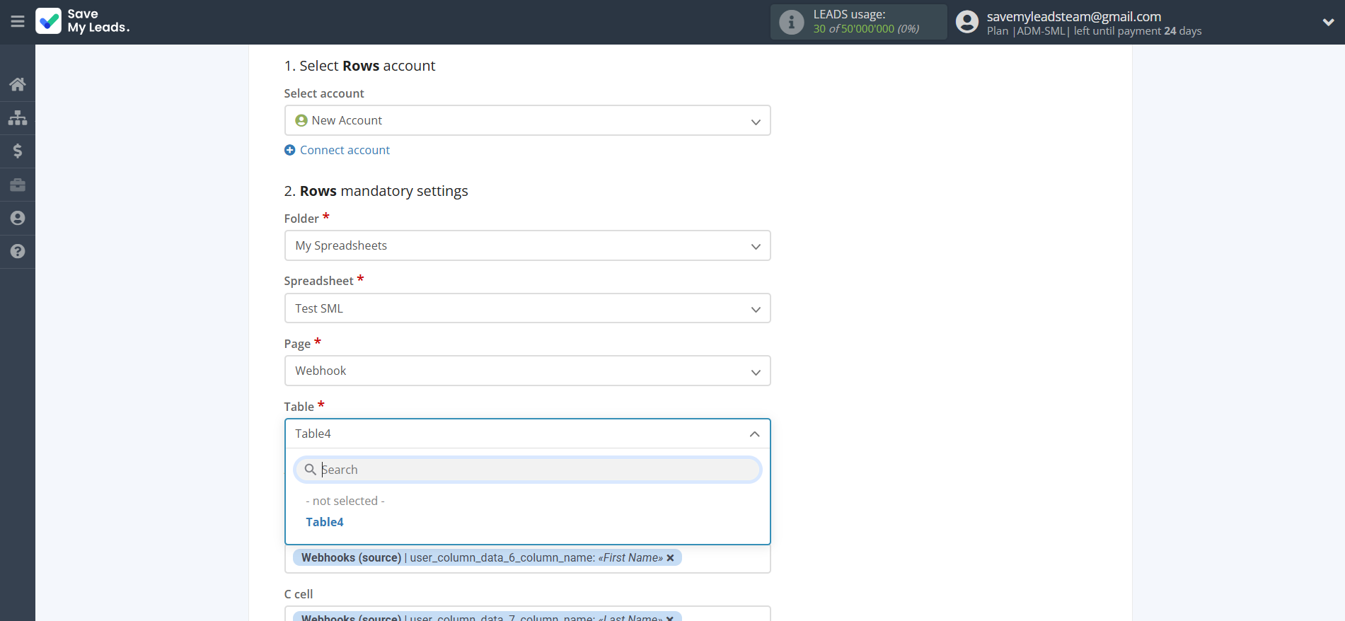 How to Connect Webhooks with Rows Add Row | Assigning fields
