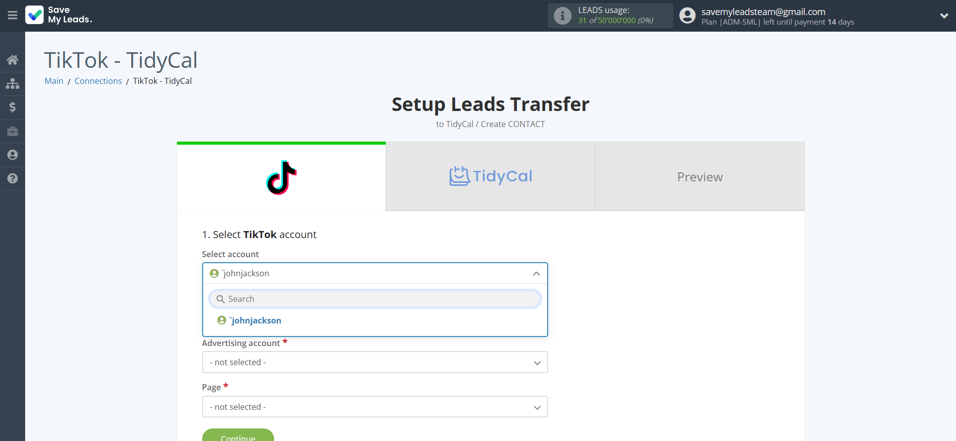 How to Connect TikTok with TidyCal Create Contacts | Data Source account selection