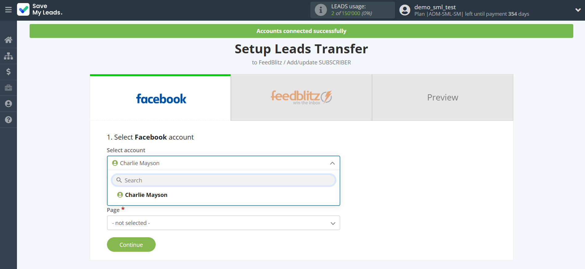 How to Connect Facebook with FeedBlitz | Data Source account selection