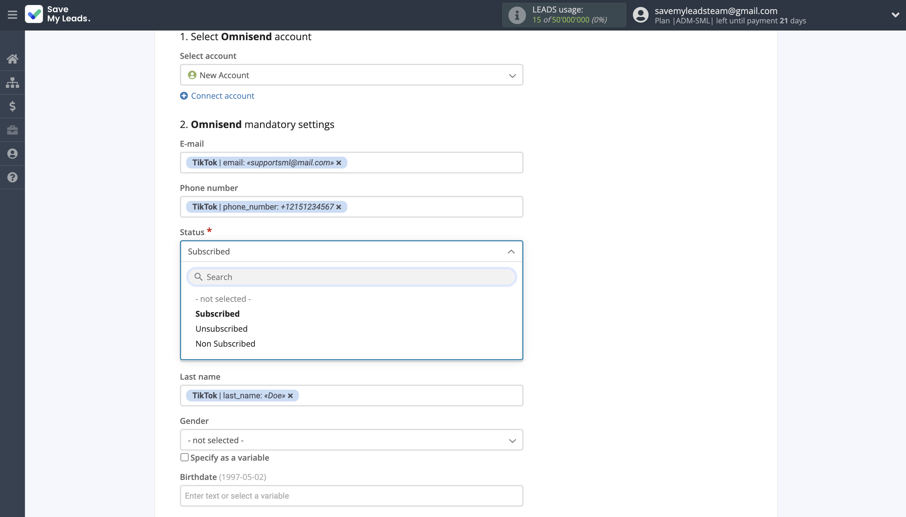 How to Connect TikTok with Omnisend Create Contacts | Assigning fields