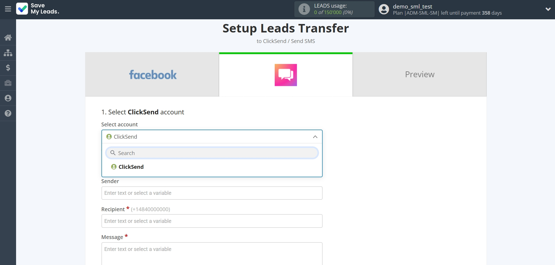 How to Connect Facebook with ClickSend Send SMS | Data Destination account selection How to Connect Facebook with ClickSend Send SMS | Data Destination account selection