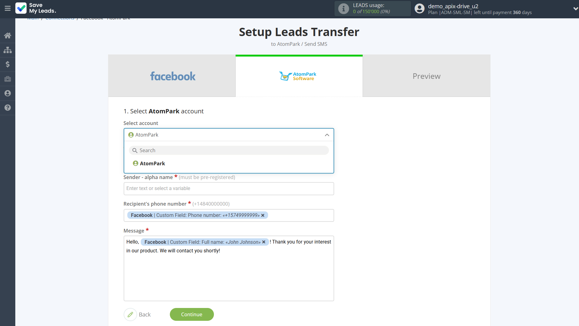 How to Connect Facebook with AtomPark | Data Destination account selection How to Connect Facebook with AtomPark | Data Destination account selection