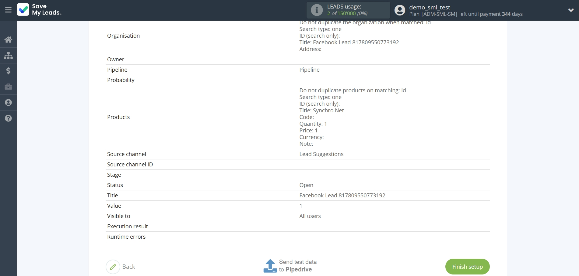 How to Connect Facebook with Pipedrive Create Deal | Test data