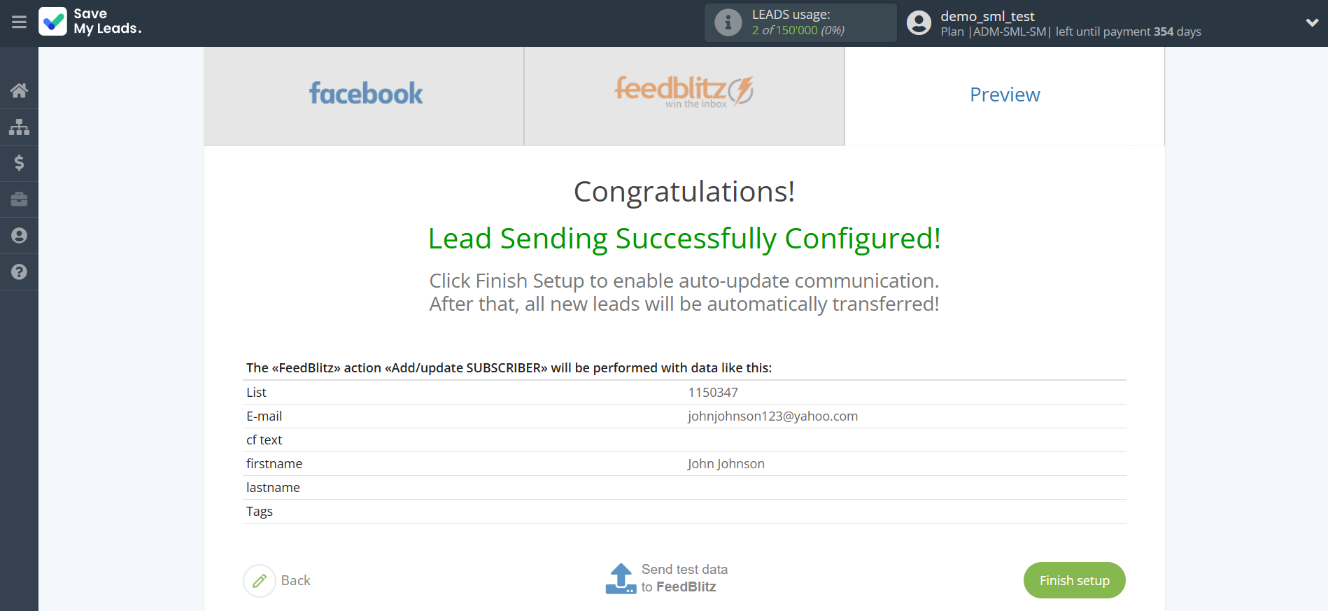 How to Connect Facebook with FeedBlitz | Test data