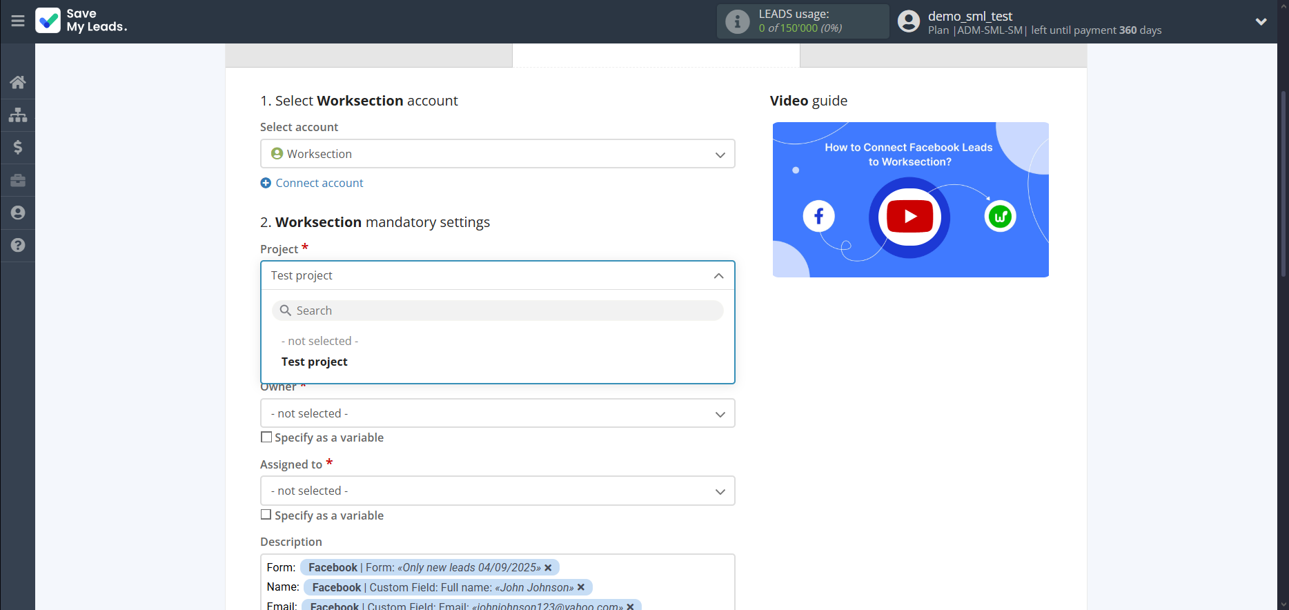 How to Connect Facebook with Worksection | Assigning fields How to Connect Facebook with Worksection | Assigning fields