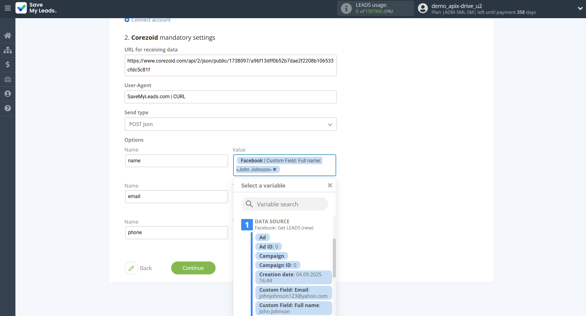 How to Connect Facebook with Corezoid | Assigning fields How to Connect Facebook with Corezoid | Assigning fields