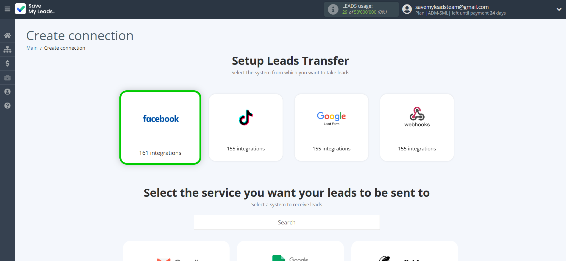 How to Connect Facebook with Rows Add Row | Data Source system selection