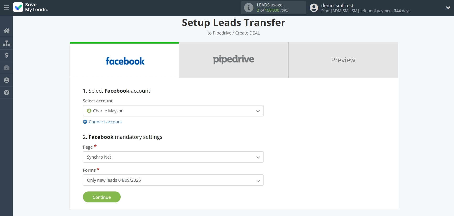 How to Connect Facebook with Pipedrive Create Deal | Data Source account connection