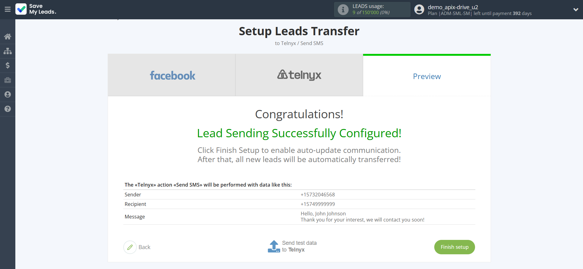 How to Connect Facebook with Telnyx | Test data
