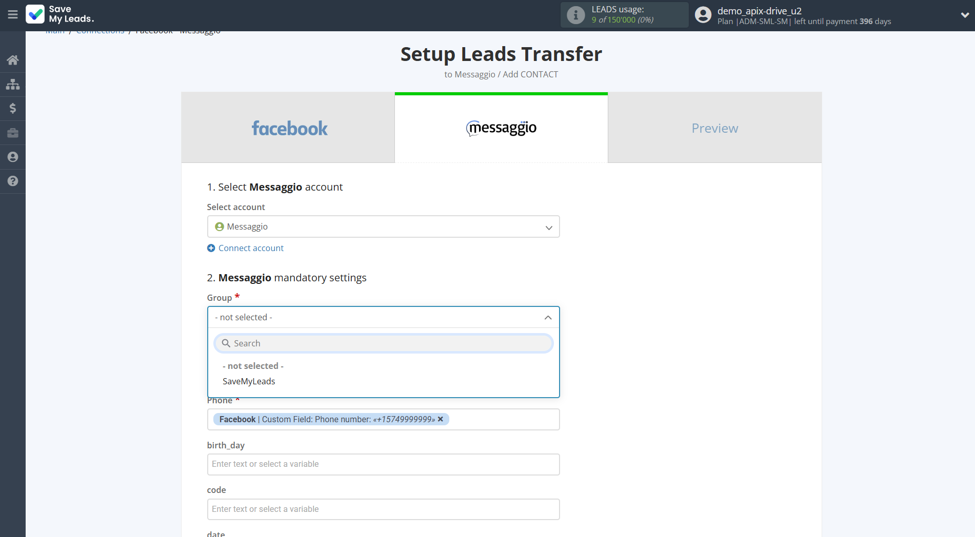 How to Connect Facebook with Messaggio | Assigning fields