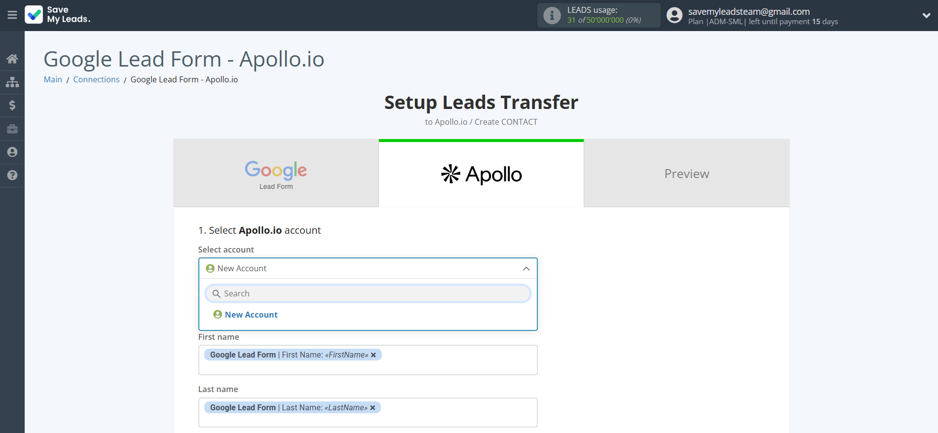 How to Connect Google Lead Form with Apollo.io Create Contacts | Data Destination account selection