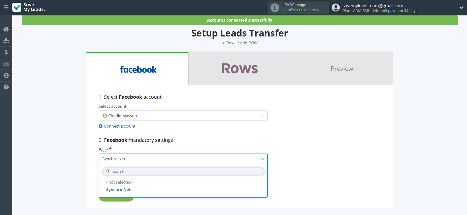 How to Connect Facebook with Rows Add Row | Data Source account connection