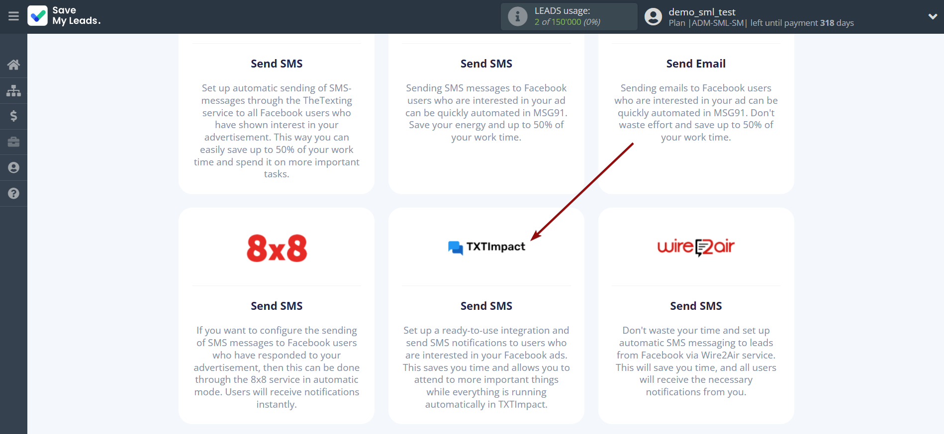 How to Connect Facebook with TXTImpact | Data Destination system selection