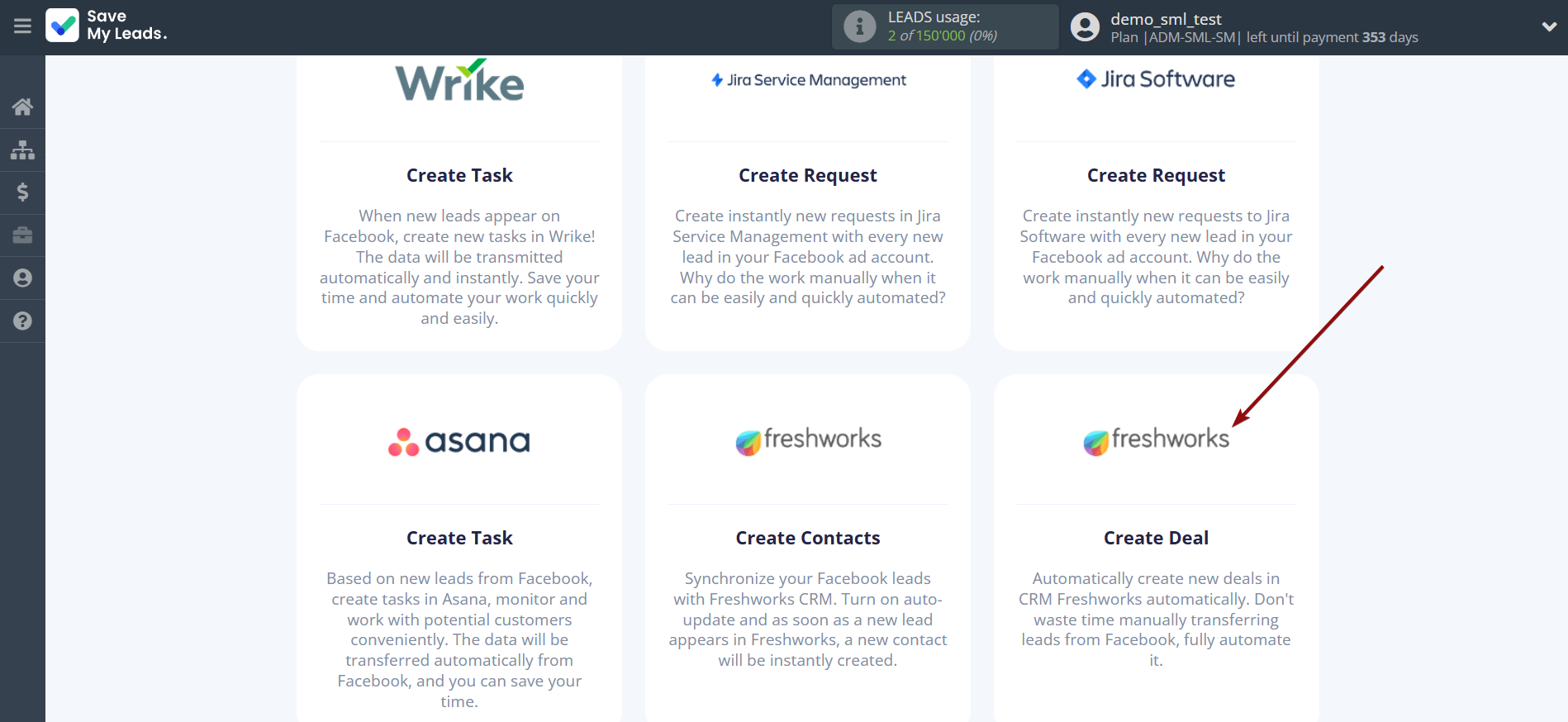 How to Connect Facebook with Freshworks Create Deal | Data Destination system selection