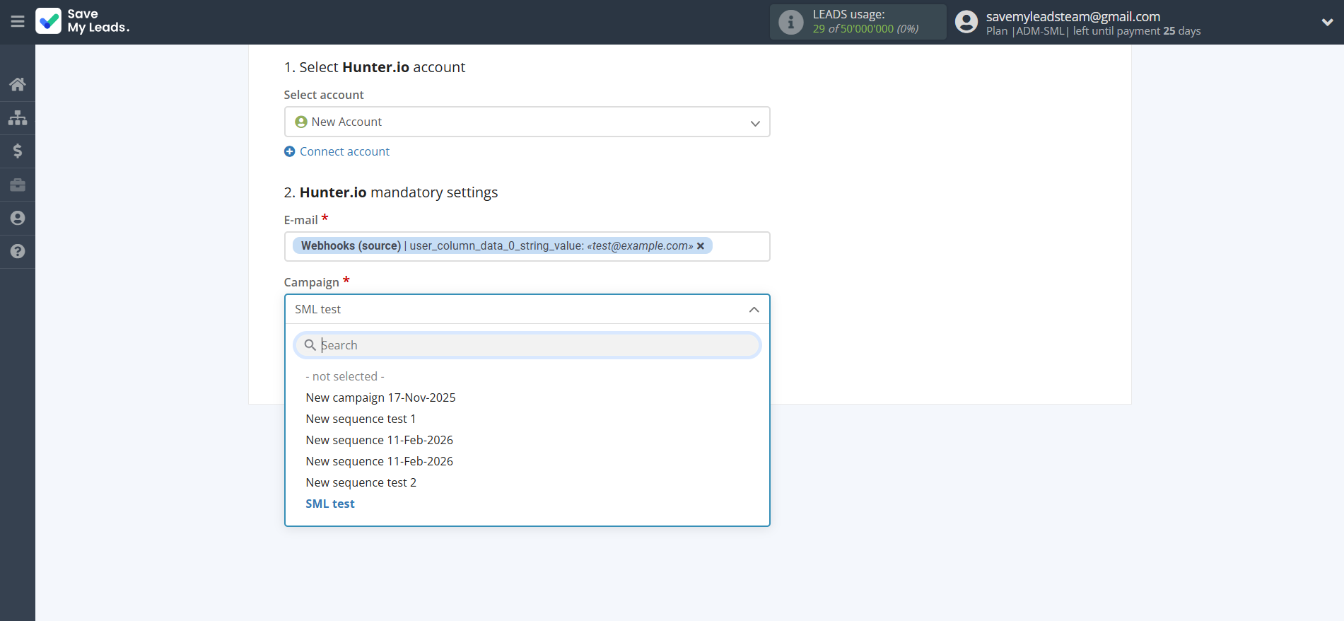 How to Connect Webhooks with Hunter.io | Assigning fields
