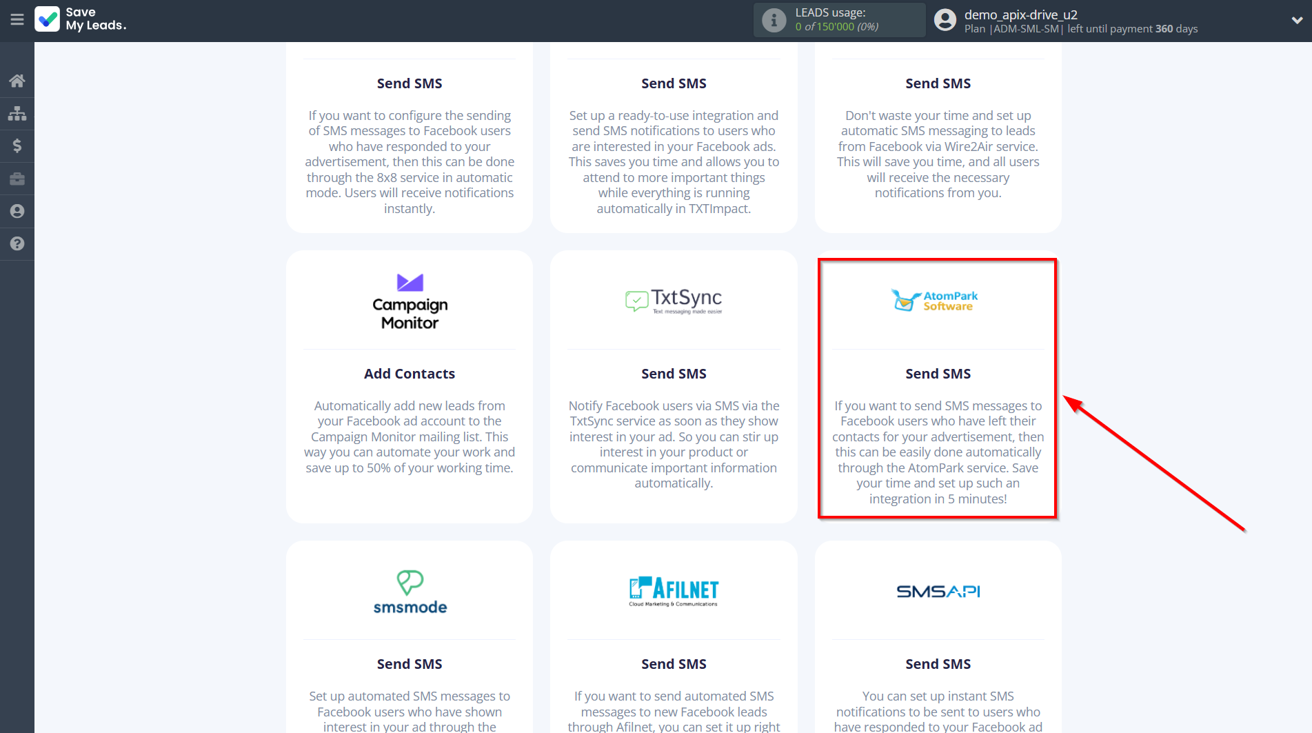 How to Connect Facebook with AtomPark | Data Destination system selection How to Connect Facebook with AtomPark | Data Destination system selection