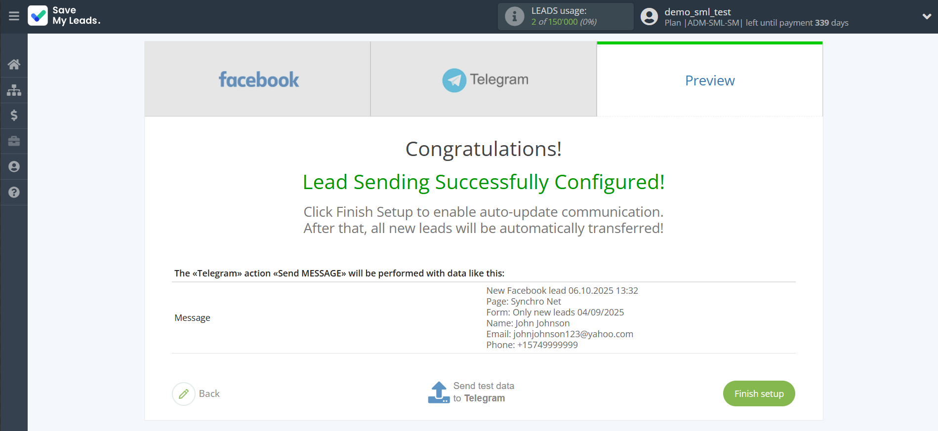 How to Connect Facebook with Telegram | Test data
