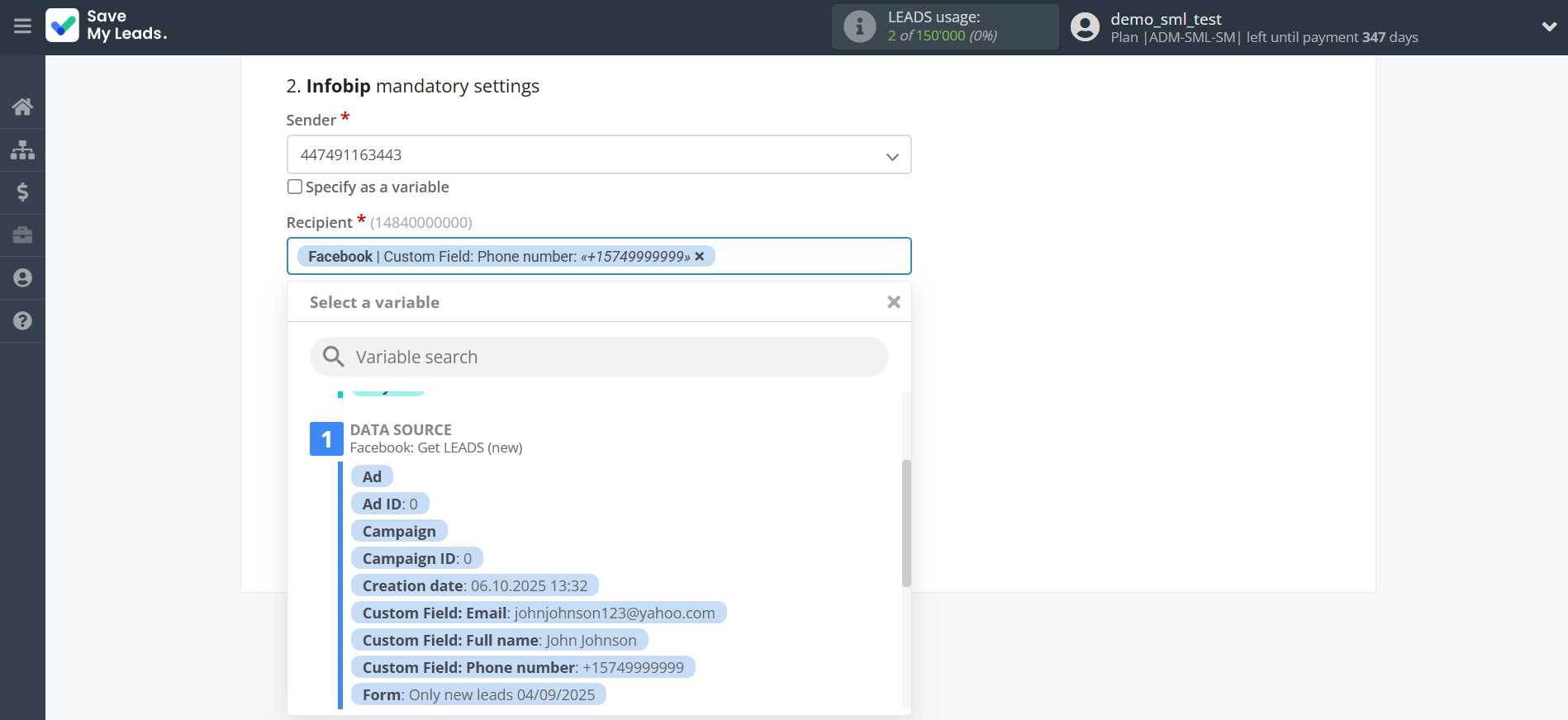 How to Connect Facebook with Infobip | Assigning fields