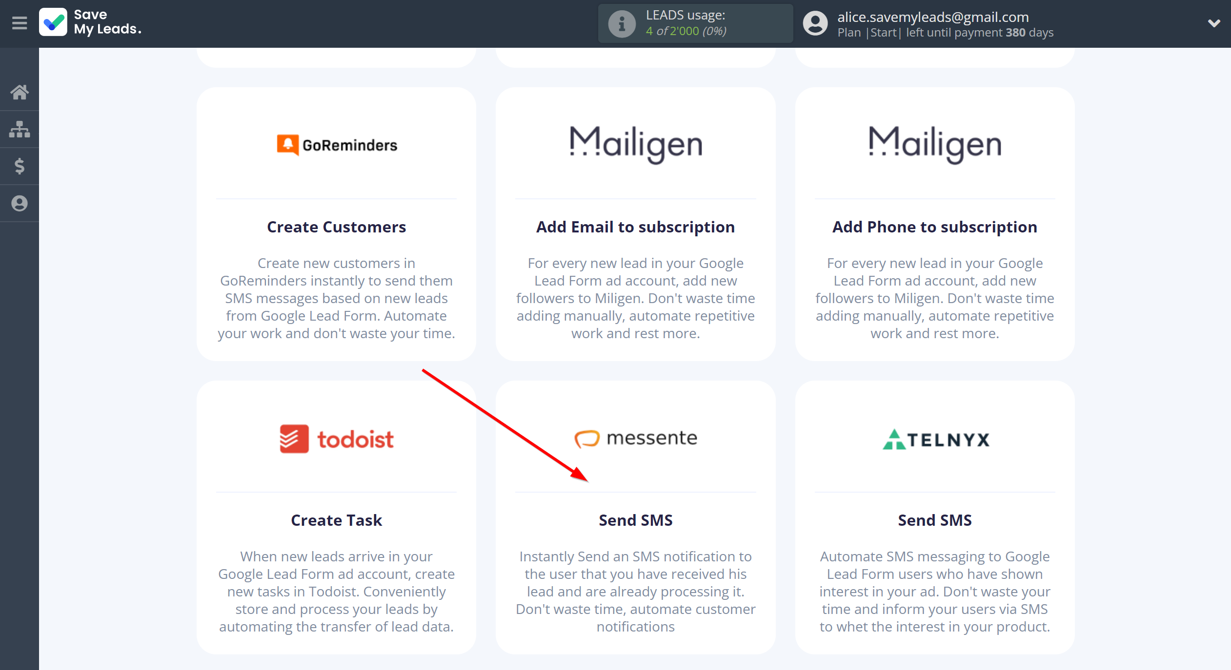 How to Connect Google Lead Form with Messente | Data Destination system selection