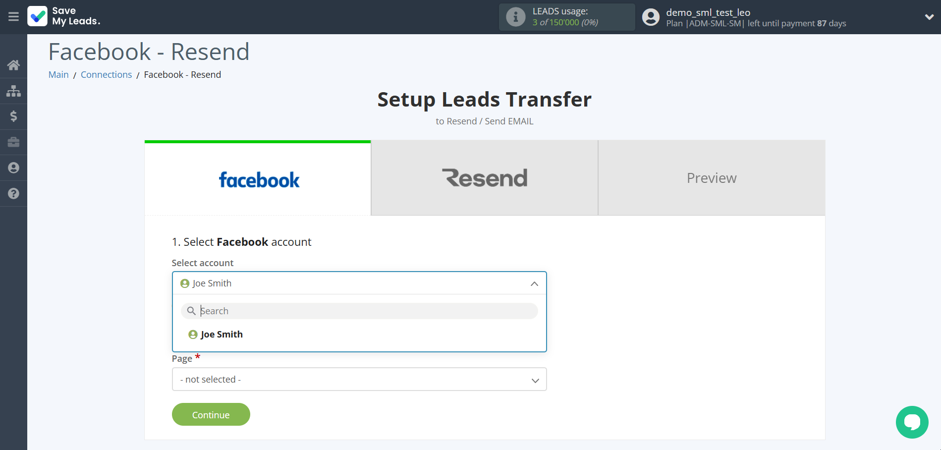 How to Connect Facebook with Resend | Data Source account selection