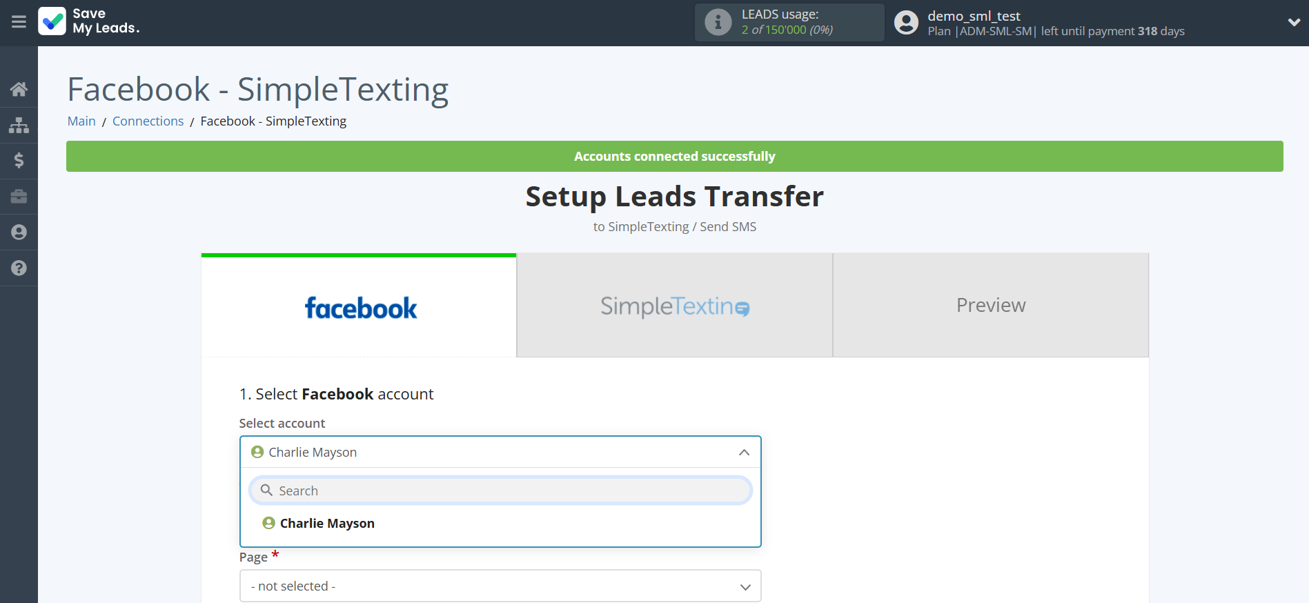 How to Connect Facebook with SimpleTexting | Data Source account selection