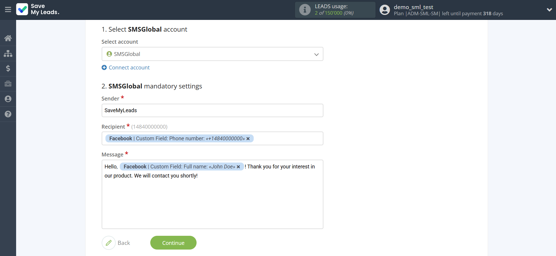 How to Connect Facebook with SMSGlobal | Assigning fields