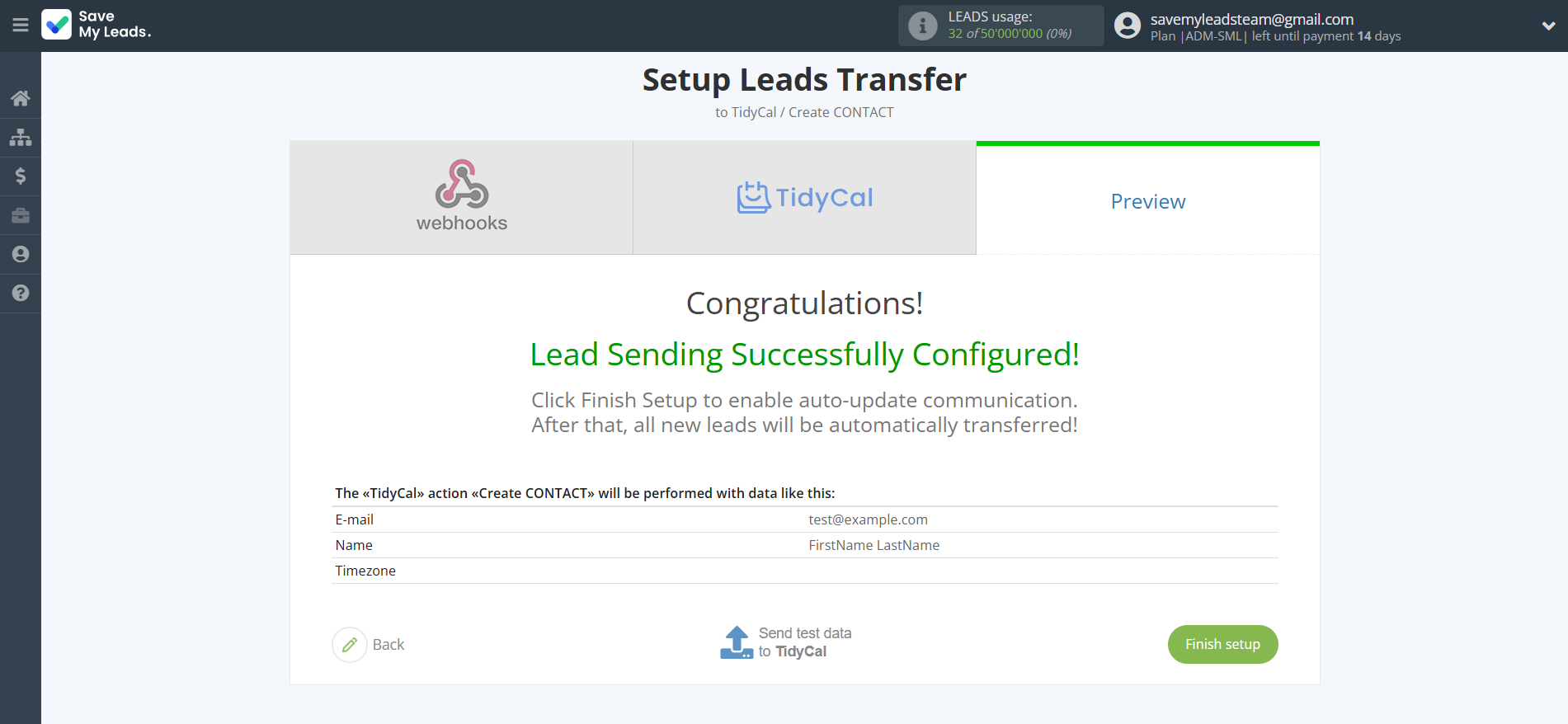 How to Connect Webhooks with TidyCal Create Contacts | Test data