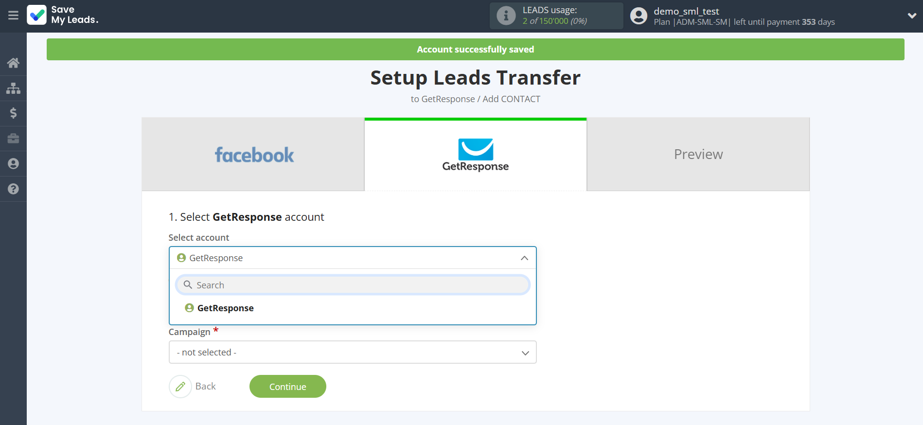 How to Connect Facebook with GetResponse | Data Destination account selection How to Connect Facebook with GetResponse | Data Destination account selection